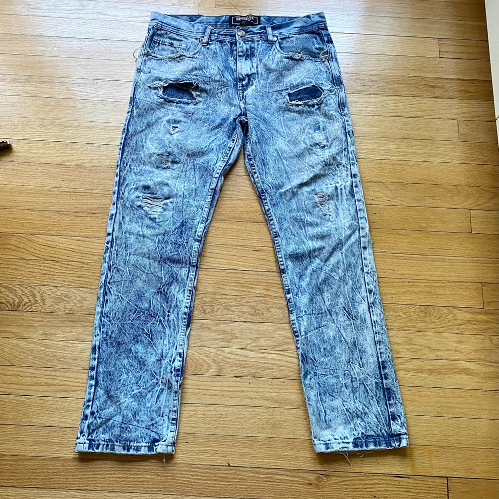 Brooklyn express acid wash straight leg mens jeans with distressed finish 34x32